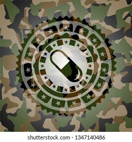 pill icon inside camouflaged emblem