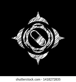 pill icon inside chalkboard emblem on black board