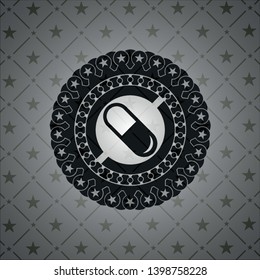 pill icon inside dark emblem. Retro