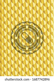pill icon inside gold badge. Scales pattern. Vector Illustration. Detailed.