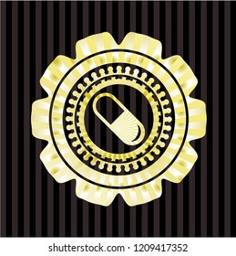 pill icon inside gold emblem