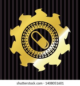 pill icon inside gold emblem or badge