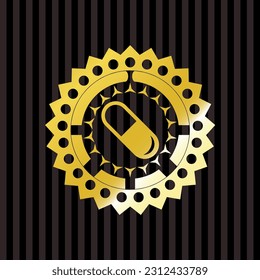 icono de píldora dentro del emblema dorado. 