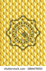pill icon inside golden emblem or badge. Scales pattern. Vector Illustration. Detailed. 