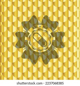 icono de píldora dentro del emblema dorado o la placa. Patrón de escalas. Ilustración vectorial. Detallado. 