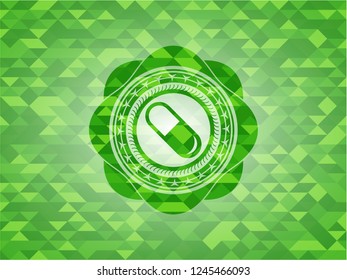 pill icon inside green emblem with mosaic ecological style background