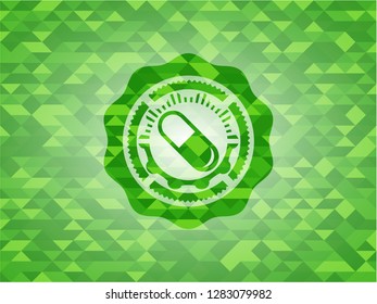 pill icon inside green emblem. Mosaic background