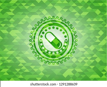 pill icon inside green emblem with mosaic ecological style background