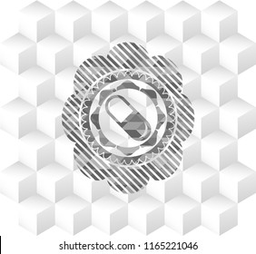 pill icon inside grey badge with geometric cube white background