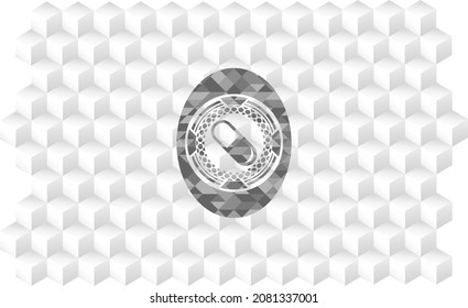 icono de píldora dentro de la placa gris con fondo blanco cubo geométrico. 