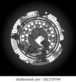 pill icon inside grey camouflaged emblem. 