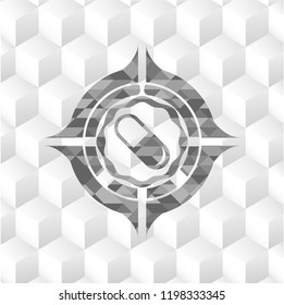 pill icon inside grey emblem with cube white background