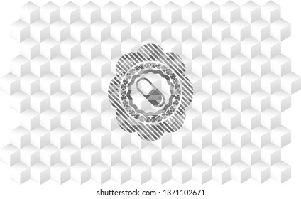 pill icon inside grey emblem with geometric cube white background