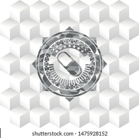 pill icon inside grey emblem. Vintage with geometric cube white background