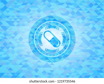 pill icon inside light blue emblem. Mosaic background