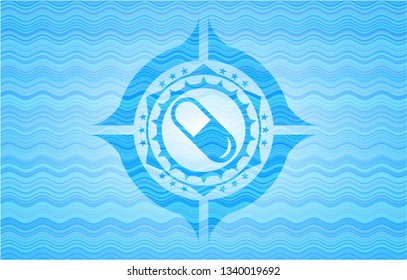 pill icon inside light blue water badge.