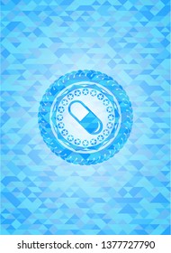 pill icon inside light blue emblem. Mosaic background