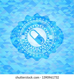 pill icon inside light blue emblem with mosaic background