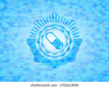 pill icon inside light blue emblem with triangle mosaic background