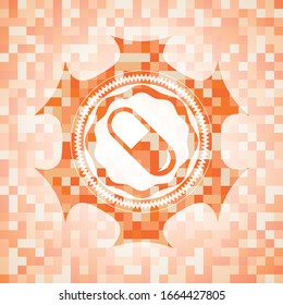 pill icon inside orange tile background illustration. Square geometric mosaic seamless pattern with emblem inside.