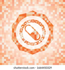 pill icon inside orange tile background illustration. Square geometric mosaic seamless pattern with emblem inside.