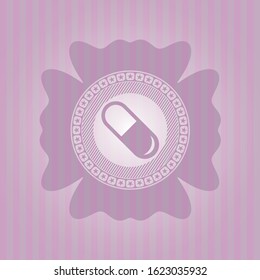 pill icon inside pink emblem