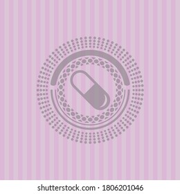 pill icon inside pink emblem. Elegant design. 