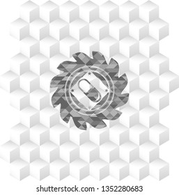 pill icon inside realistic grey emblem with geometric cube white background