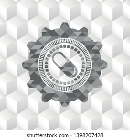 pill icon inside realistic grey emblem with cube white background