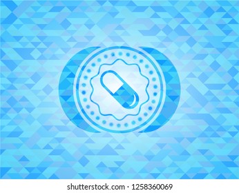 pill icon inside realistic sky blue emblem. Mosaic background