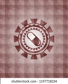 pill icon inside red badge with geometric pattern. Seamless.