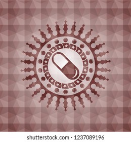 pill icon inside red emblem with geometric pattern. Seamless.