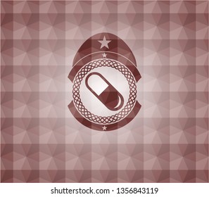 pill icon inside red emblem with geometric pattern background. Seamless.