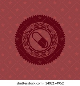 pill icon inside red emblem. Retro