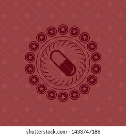 pill icon inside red emblem. Retro
