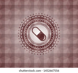 pill icon inside red emblem or badge with abstract geometric pattern background. Seamless.