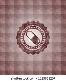 pill icon inside red emblem or badge with geometric pattern background. Seamless.