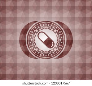 pill icon inside red seamless badge with geometric pattern.