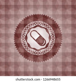 pill icon inside red seamless emblem or badge with abstract geometric pattern background.