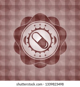 pill icon inside red seamless badge with geometric pattern.