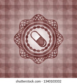 pill icon inside red seamless emblem or badge with abstract geometric polygonal pattern background.