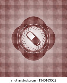 pill icon inside red seamless emblem or badge with abstract geometric polygonal pattern background.