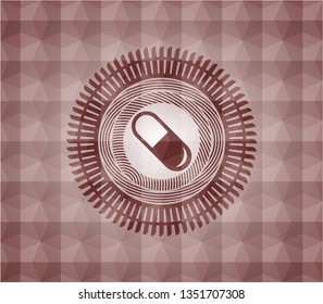 pill icon inside red seamless geometric badge.
