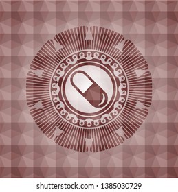 pill icon inside red seamless emblem or badge with geometric pattern background.