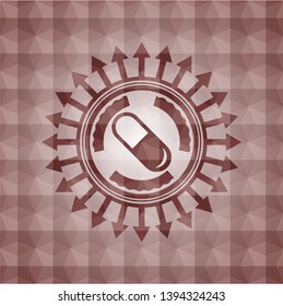 pill icon inside red seamless emblem or badge with geometric pattern background.