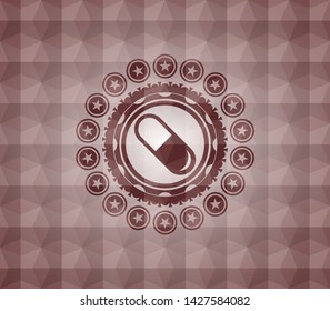 pill icon inside red seamless emblem with geometric pattern background.