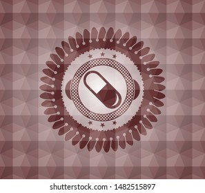 pill icon inside red seamless geometric badge.