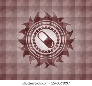 pill icon inside red seamless emblem with geometric pattern.