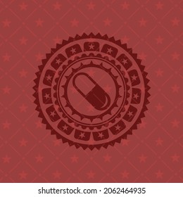 pill icon inside retro red emblem. 