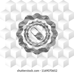 pill icon inside retro style grey emblem with geometric cube white background